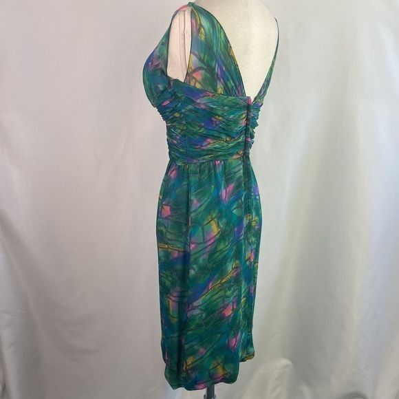 Green Print Pleated Bodice Vintage Dress