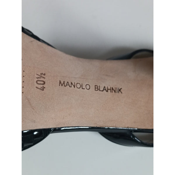 MANOLO BLAHNIK BLK WOVEN/ PATENT SLING BACKS SHOES.