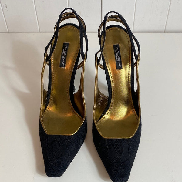 Dolce & Gabbana Blk Brocade Shaped Heel Gold