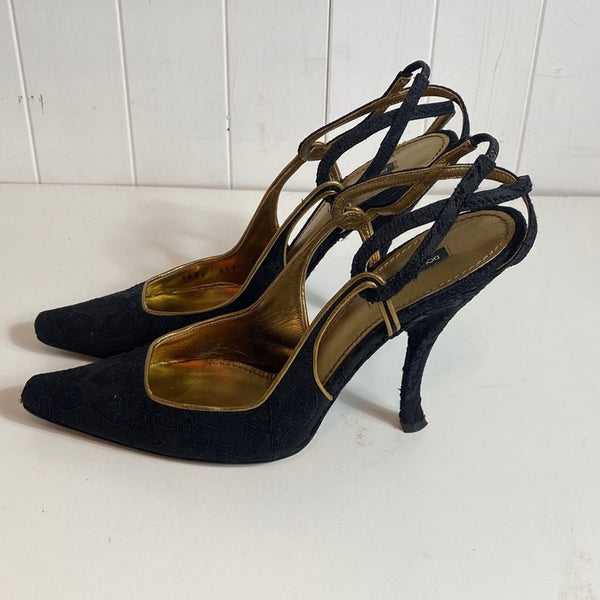 Dolce & Gabbana Blk Brocade Shaped Heel Gold