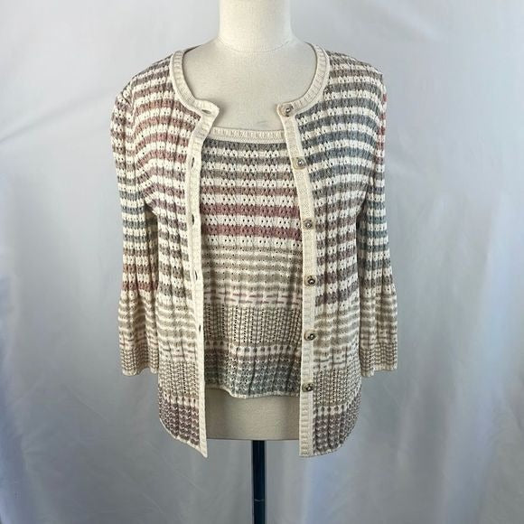 St. John Tan Striped Shell / Cardigan Sweat Set With Tank Top