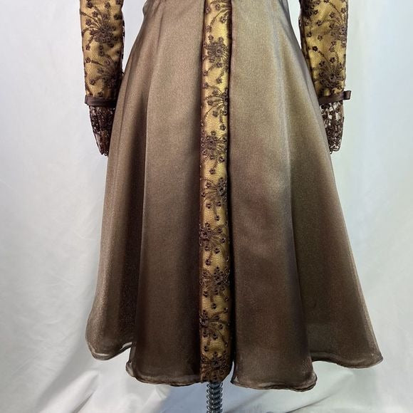Saks Fifth Avenue Prince Vintage Brown Metallic Embroidery Fit Flare Dress