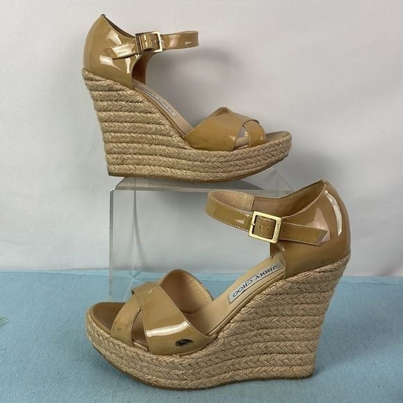 Jimmy Choo Tan Patent Straw Wedges