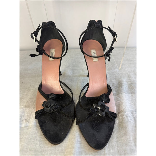 PRADA PINK AND BLACK WITH FLOWER HEEL SANDALS