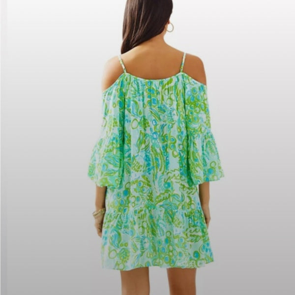 Lilly Pulitzer Green Blue Print Mini Tie Neck Dress