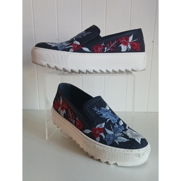 SALVATORE FERRAGAMO Denim Embr Slip Ons Sneakers.