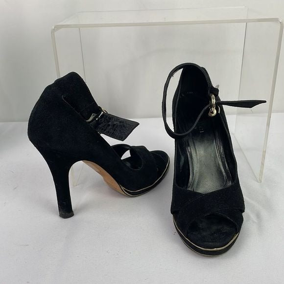 Gucci Black Suede With Gold Ankle Strap Sandal Heels