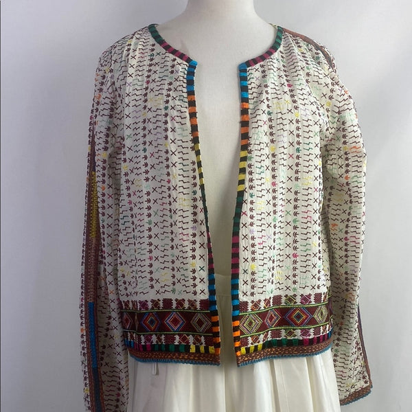 Anthropologie Cream Embroidered Open Front Jacket