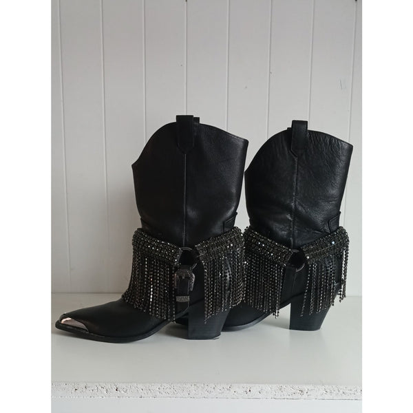 DANIEL DIAMOND BLACK WITH CRYSTAL FRINGE COWBOY BOOTS.