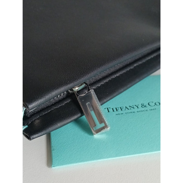 TIFFANY AND CO NIB BLK LEATHER LG SHOPPING POUCH.