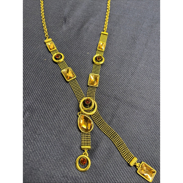 Vtg mesh and crystalGold-Tone Women’s Statement Necklace with Amber Gem Accents