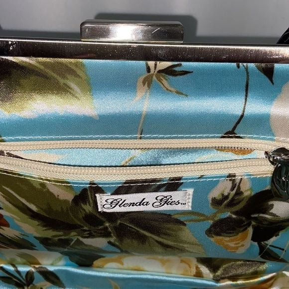 Glenda Geis Tan Turquoise Leaf Print Rec Kiss Lock Bag