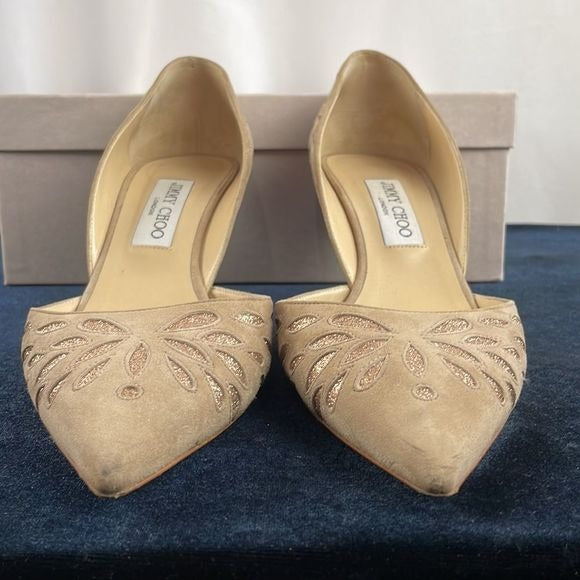 Jimmy Choo Tan Suede With Gold Detail Pumps With Box