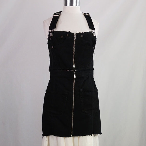 Re/done Black Denim Overall Mini Dress.