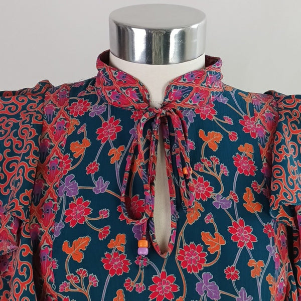 Diane Fres Vintage Multi Print Tie Front W Ruffles Long Dress.