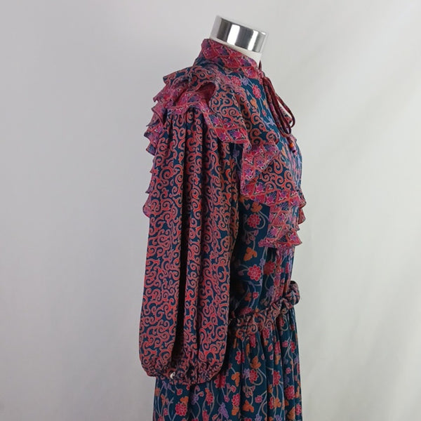 Diane Fres Vintage Multi Print Tie Front W Ruffles Long Dress.