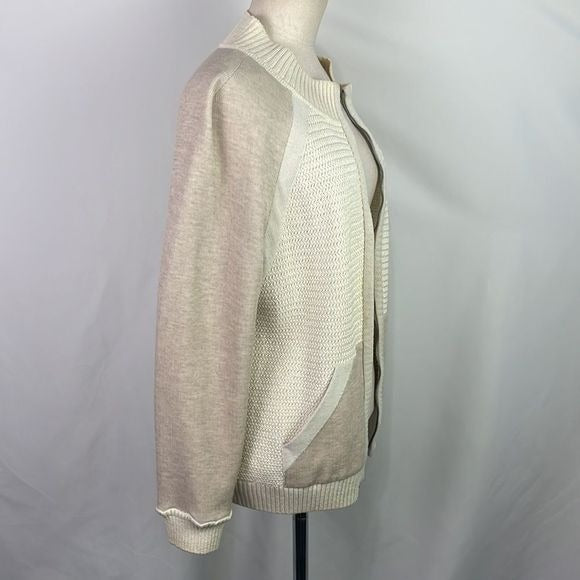 St John Cream Zip Mixed Media Knit Cardigan