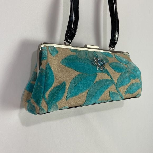 Glenda Geis Tan Turquoise Leaf Print Rec Kiss Lock Bag