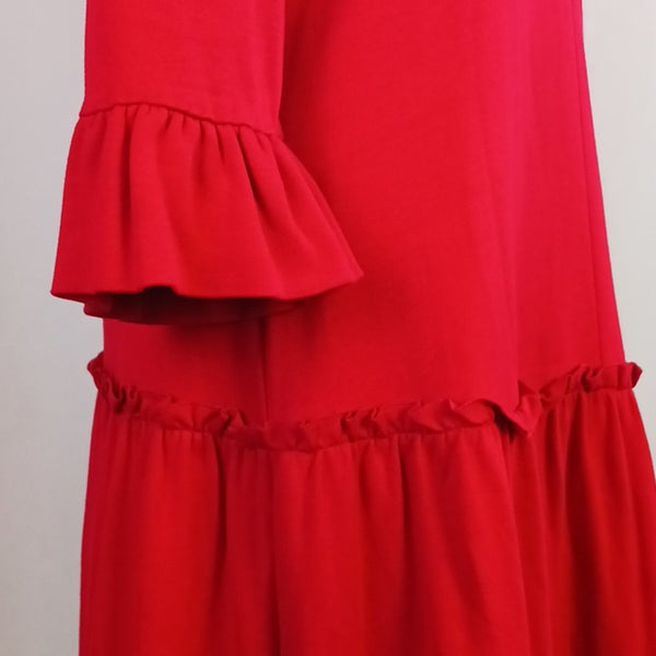 Miu Miu Red Ruffle Bottom Drop Waist Long Sleeve Dress