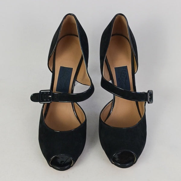 Salvatore Ferragamo Black Suede Patent Mary Jane New Stiletto Shoes.