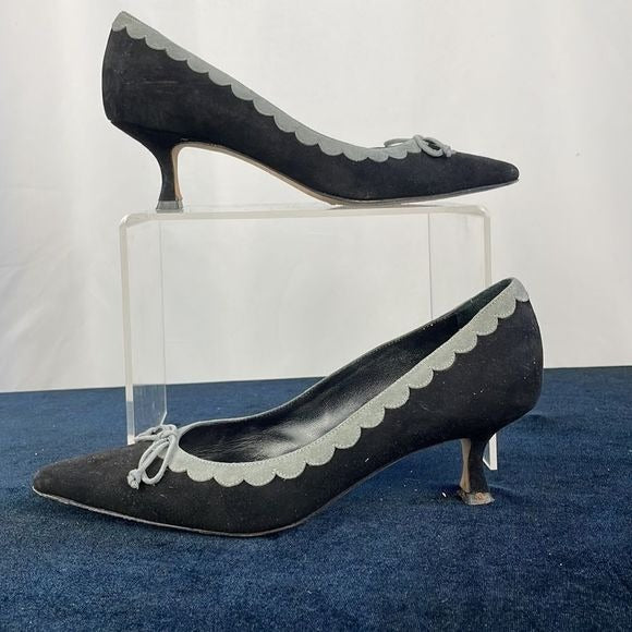 Manolo Blahnik Black and Grey Suede Kitten Heels