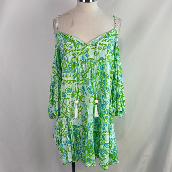 Lilly Pulitzer Green Blue Print Mini Tie Neck Dress