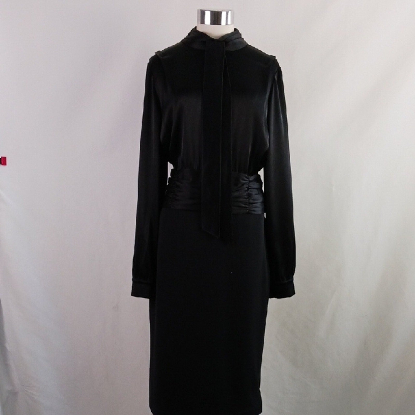St. John Black Satin Tie Neck Top / Knit Bottom Long Sleeve Dress