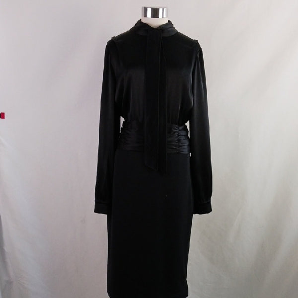St. John Black Satin Tie Neck Top / Knit Bottom Long Sleeve Dress