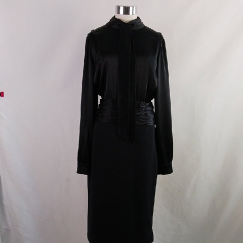 St. John Black Satin Tie Neck Top / Knit Bottom Long Sleeve Dress
