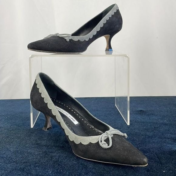 Manolo Blahnik Black and Grey Suede Kitten Heels