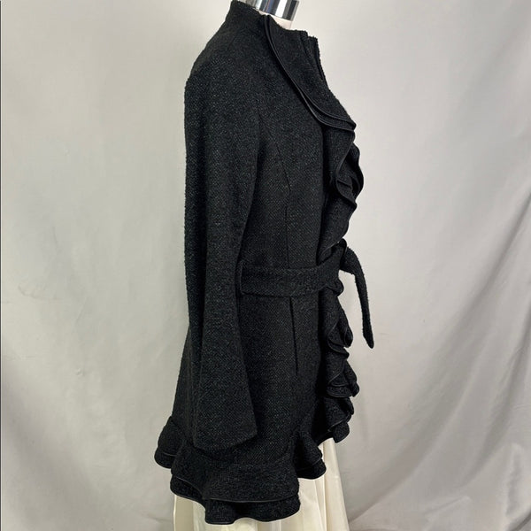 NWT Anne Fontaine Black Tweed Ruffle Trim Jacket w Belt