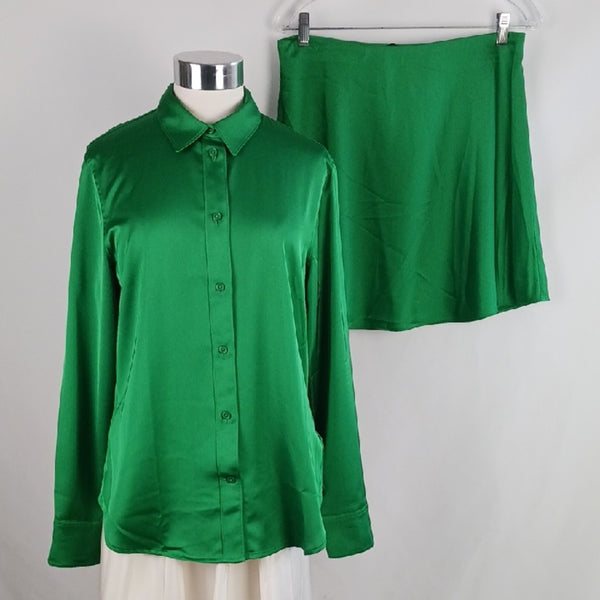 J. Crew Green Satin Blouse/ Skirt Set