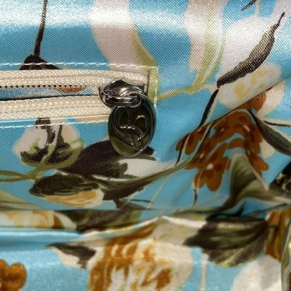 Glenda Geis Tan Turquoise Leaf Print Rec Kiss Lock Bag