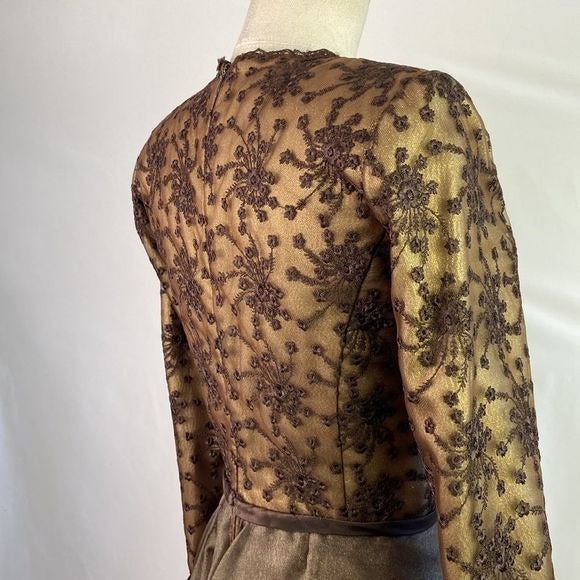 Saks Fifth Avenue Prince Vintage Brown Metallic Embroidery Fit Flare Dress