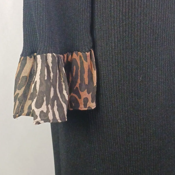 RIXO Black Knit Dress with Animal Print Details.