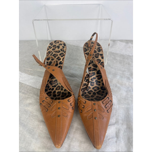 DOLCE AND GABBANA BROWN WOVEN LACED TRIM SLING BACK SHOES