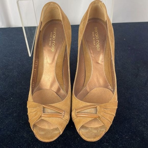 Sergio Rossi Tan Suede Peep Toe Platforms