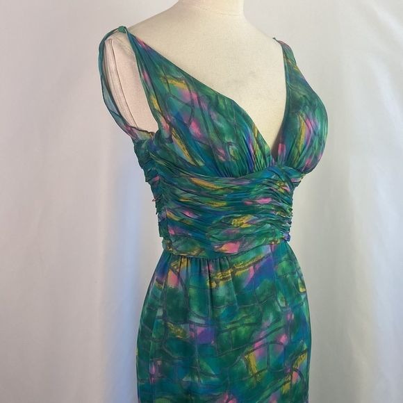 Green Print Pleated Bodice Vintage Dress