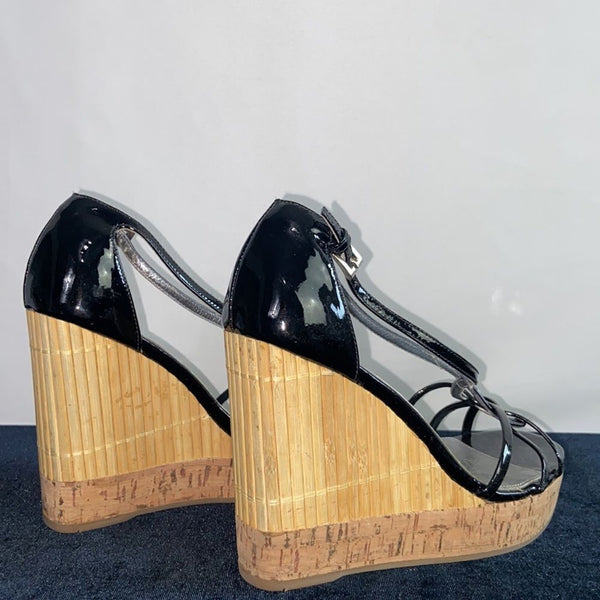 Prada Black Patent Straw Cork Wedges Sandals