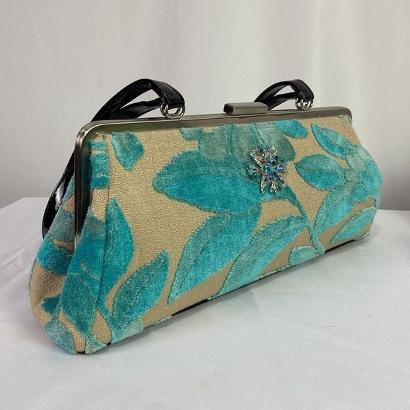 Glenda Geis Tan Turquoise Leaf Print Rec Kiss Lock Bag