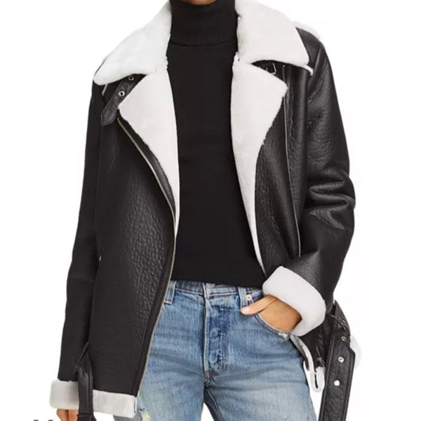 Aqua Size S Black faux shearling moto