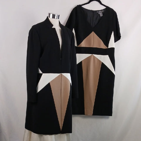 Per Se Black and Tan Long Sleeve Sheath Dress With Jacket
