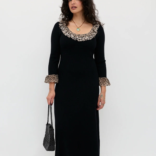 RIXO Black Knit Dress with Animal Print Details.