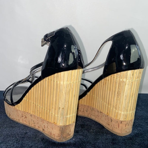 Prada Black Patent Straw Cork Wedges Sandals