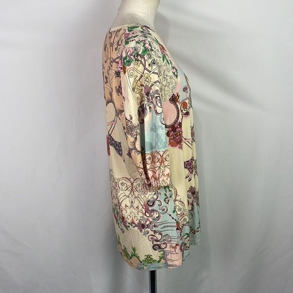 Johnny Was Pink Print w Art Deco Lady RARE Top