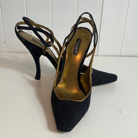 Dolce & Gabbana Blk Brocade Shaped Heel Gold