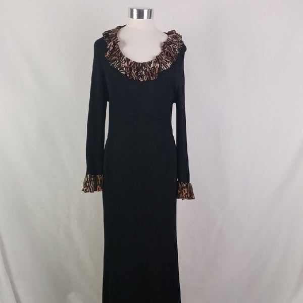 RIXO Black Knit Dress with Animal Print Details.