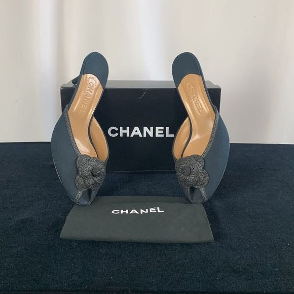 Chanel Navy Fabric Mules With Flower