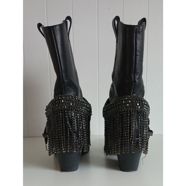 DANIEL DIAMOND BLACK WITH CRYSTAL FRINGE COWBOY BOOTS.