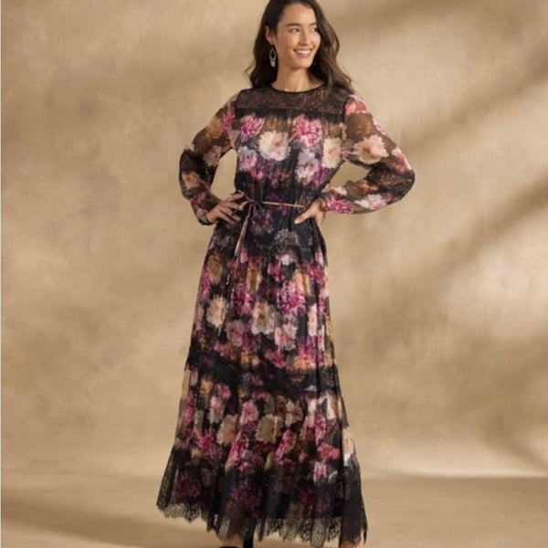 Johnny Was Black and Pink Floral Maxi / Slip Dress.